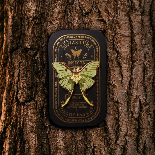 A decorative tin featuring a green luna moth labeled “Actias Luna” stands vertically against rough tree bark. Styled to mimic a vintage specimen label, the tin is adorned with gold and black designs and entomological text—making it a perfect entomology gift or display case for your Luna Moth Educational Insect Enamel Pin or other hard enamel pin collectibles.