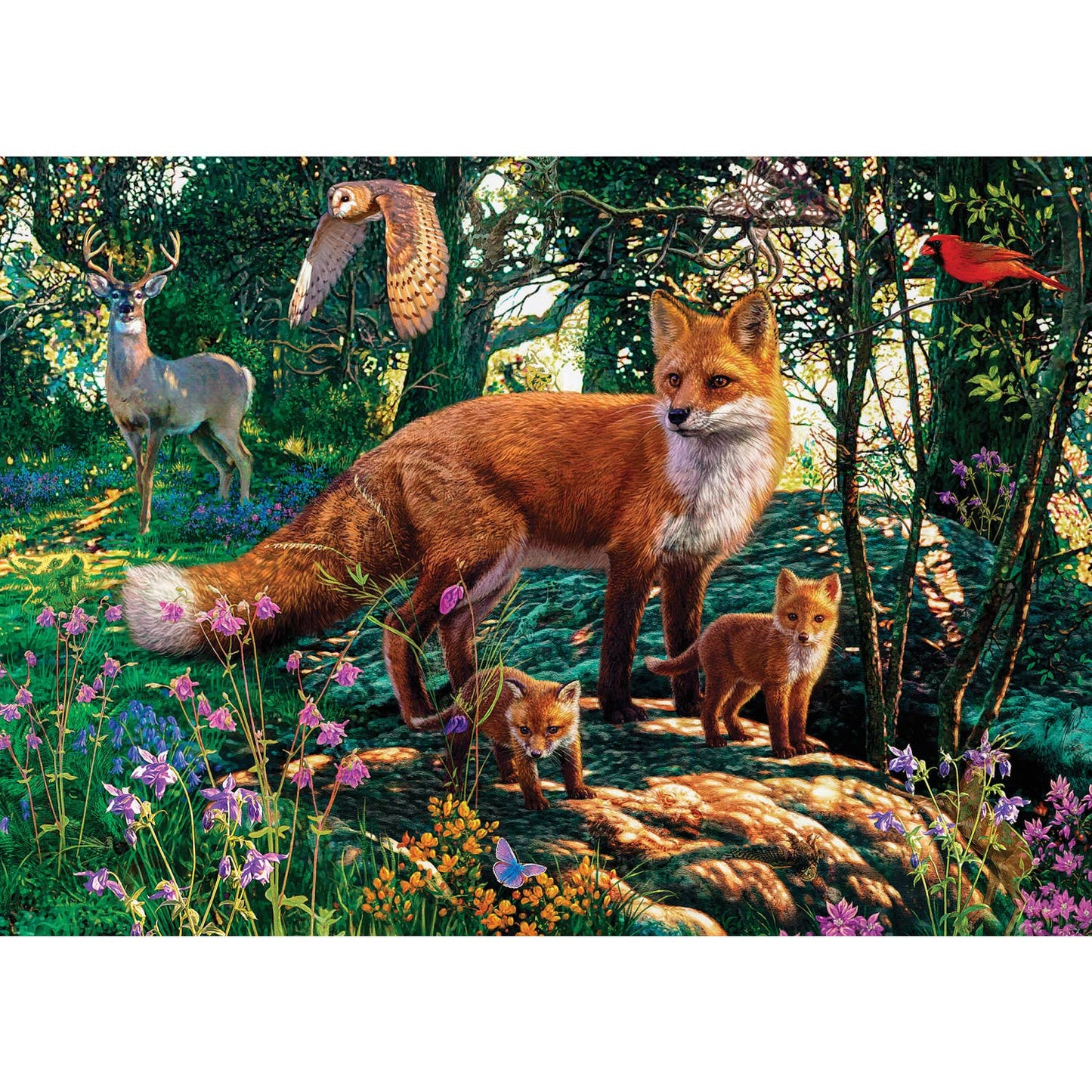 Immerse yourself in The Woodlands with this eco-friendly 500-piece puzzle: spot a fox and two kits, deer, owl, and red bird in a sunlit forest—ideal for hidden image fans! Hidden Images - The Woodlands 500 Piece Puzzle.