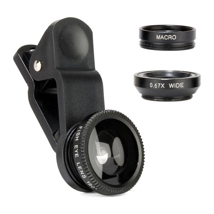 The Phone Lens Kit S/3 includes black clip-on fisheye, macro, and wide angle lenses, each displayed separately on a white background.