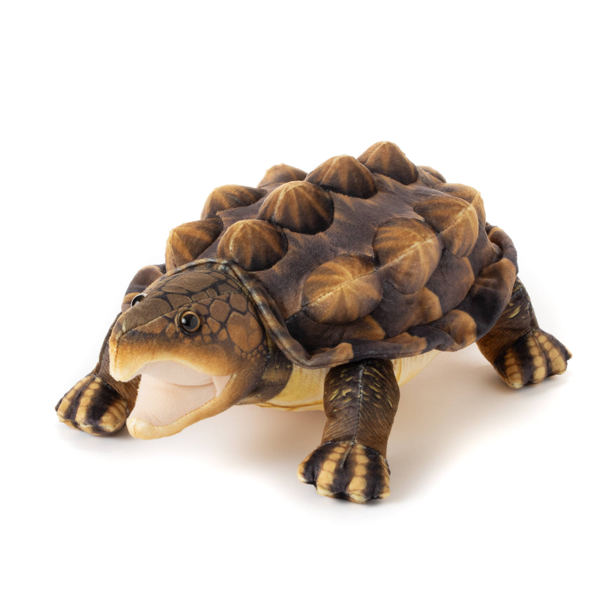 A Wild Onez Snapping Turtle 15″ (38cm) with a spiked, brown shell and an open mouth stands on a white background. Its outstretched legs and intricately detailed, armor-like shell make it the perfect inspiration for a snapping turtle stuffed animal or charming swamp-themed nursery decor.