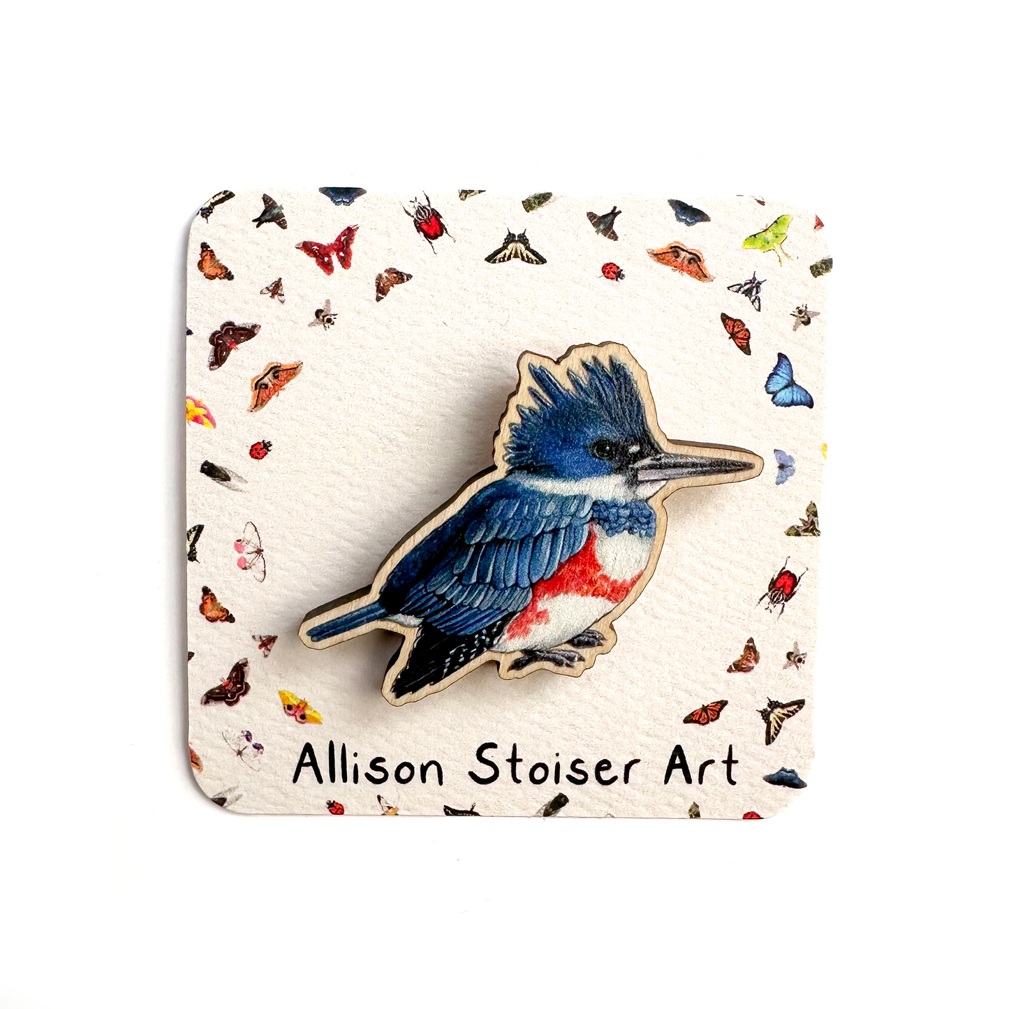 Female Belted Kingfisher Bird Wooden Pin  (Sustainably Sourced)