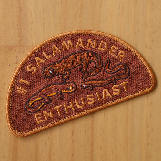 The #1 Salamander Enthusiast patch features two embroidered salamanders and yellow text on a reddish-brown background, shown on wood. Ideal as an iron-on patch for jackets or bags.