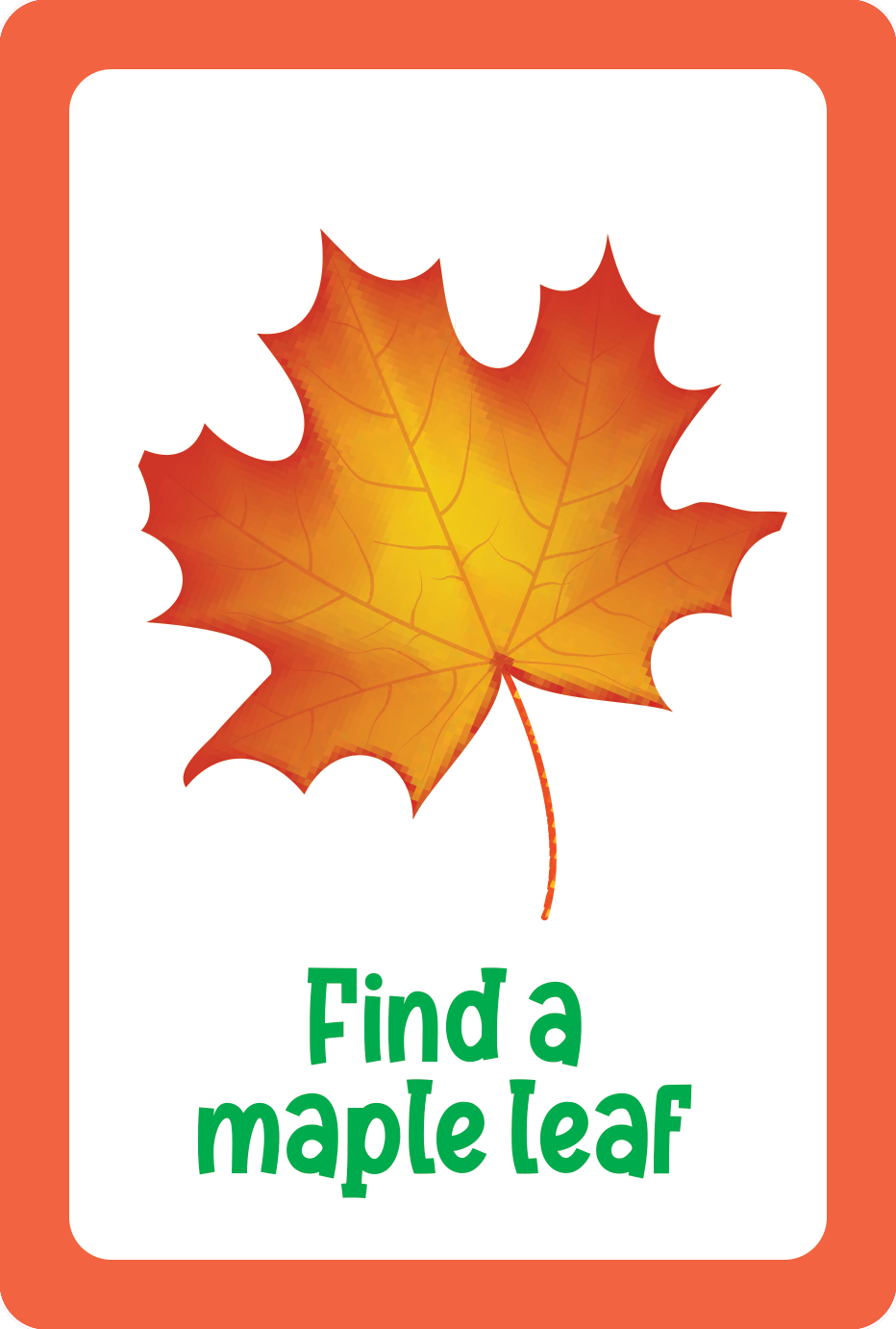 An orange maple leaf is illustrated at the center of a white background with an orange border. Below, green text reads: Nature Seek-and-Find Scavenger Hunt Cards—a fun outdoor challenge for kids' activities.