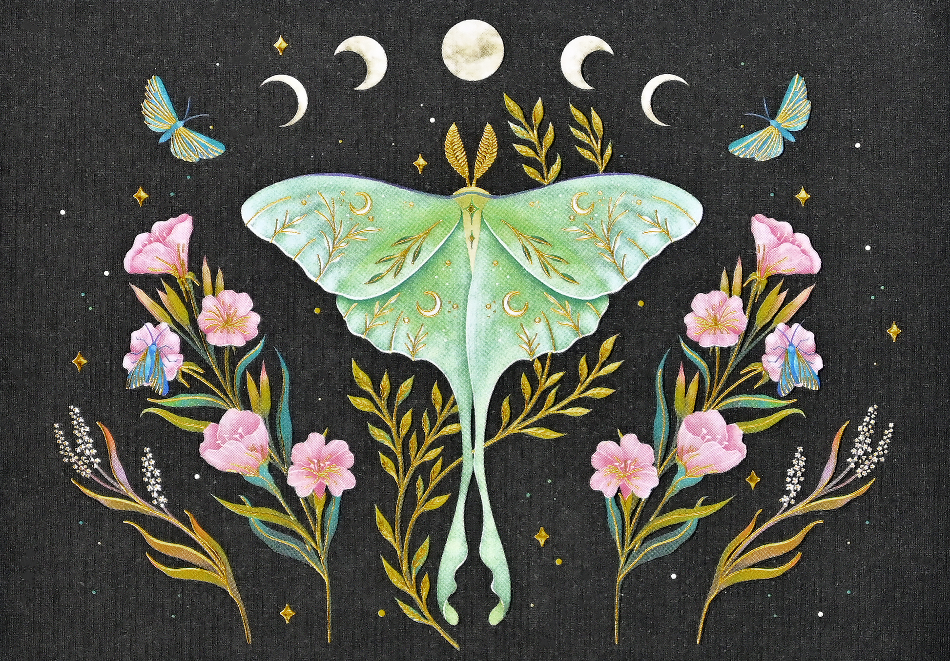 The Luna Moth Note Cards showcase a green luna moth with gold foil detail, pink flowers, golden leaves, two blue butterflies, and crescent moons under a full moon on a dark background—perfect for deluxe stationery sets.