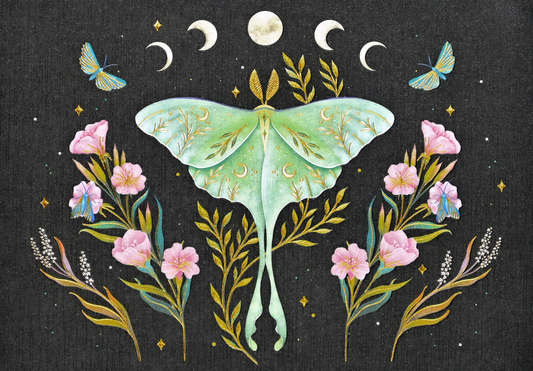 The Luna Moth Note Cards showcase a green luna moth with gold foil detail, pink flowers, golden leaves, two blue butterflies, and crescent moons under a full moon on a dark background—perfect for deluxe stationery sets.