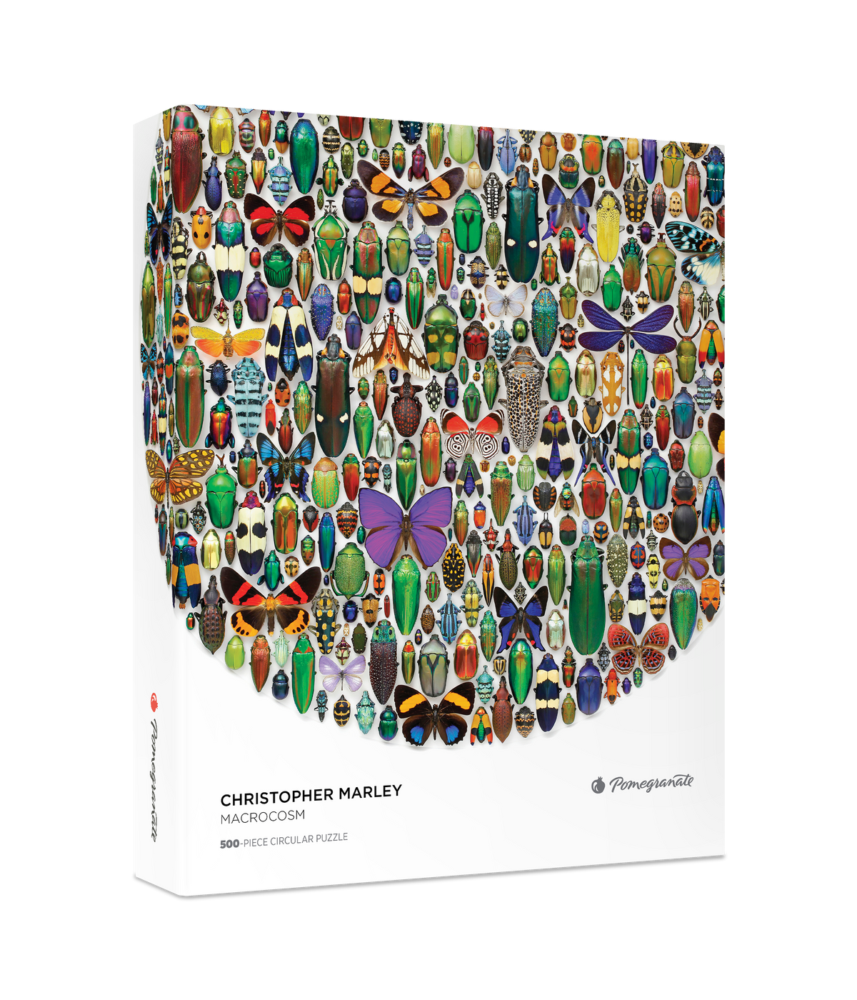 A square box for the Christopher Marley: Macrocosm 500pc Circular Puzzle featuring biophilic art of a circular collage of colorful beetles and butterflies on a white background.