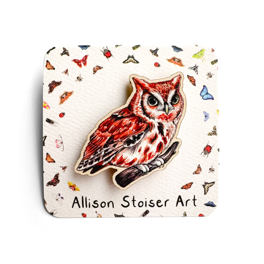 Eastern Screech Owl Wooden Pin  (Sustainably Sourced)