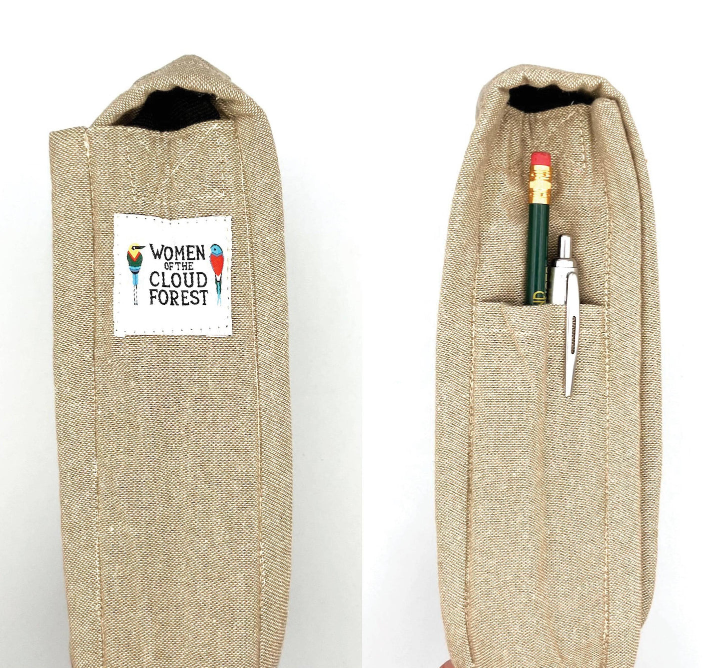 The Fly Agaric Mushroom Field Bag, handmade from tan cotton, is shown from two angles—one side features a Women of the Cloud Forest label with parrot graphics; the other displays a pencil and pen in its outer pocket.