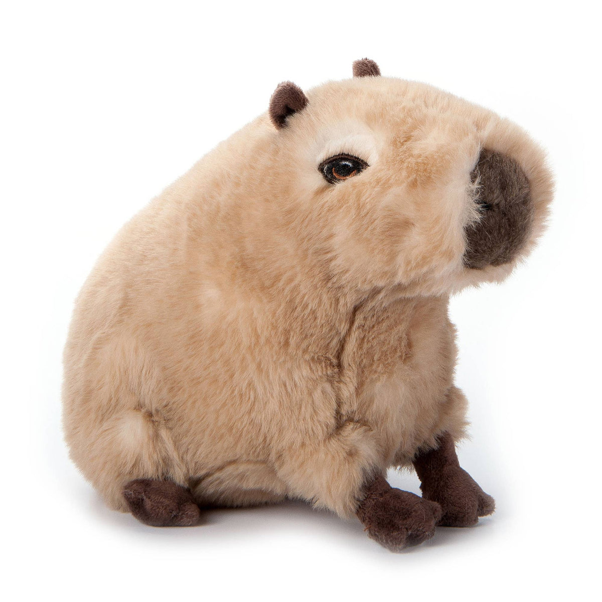 The Earth Keeperz Capybara small 10″ Recycled Plush features soft tan fur with dark brown feet, ears, and snout, sits upright on a white background, and is made from recycled materials for an eco-friendly touch.