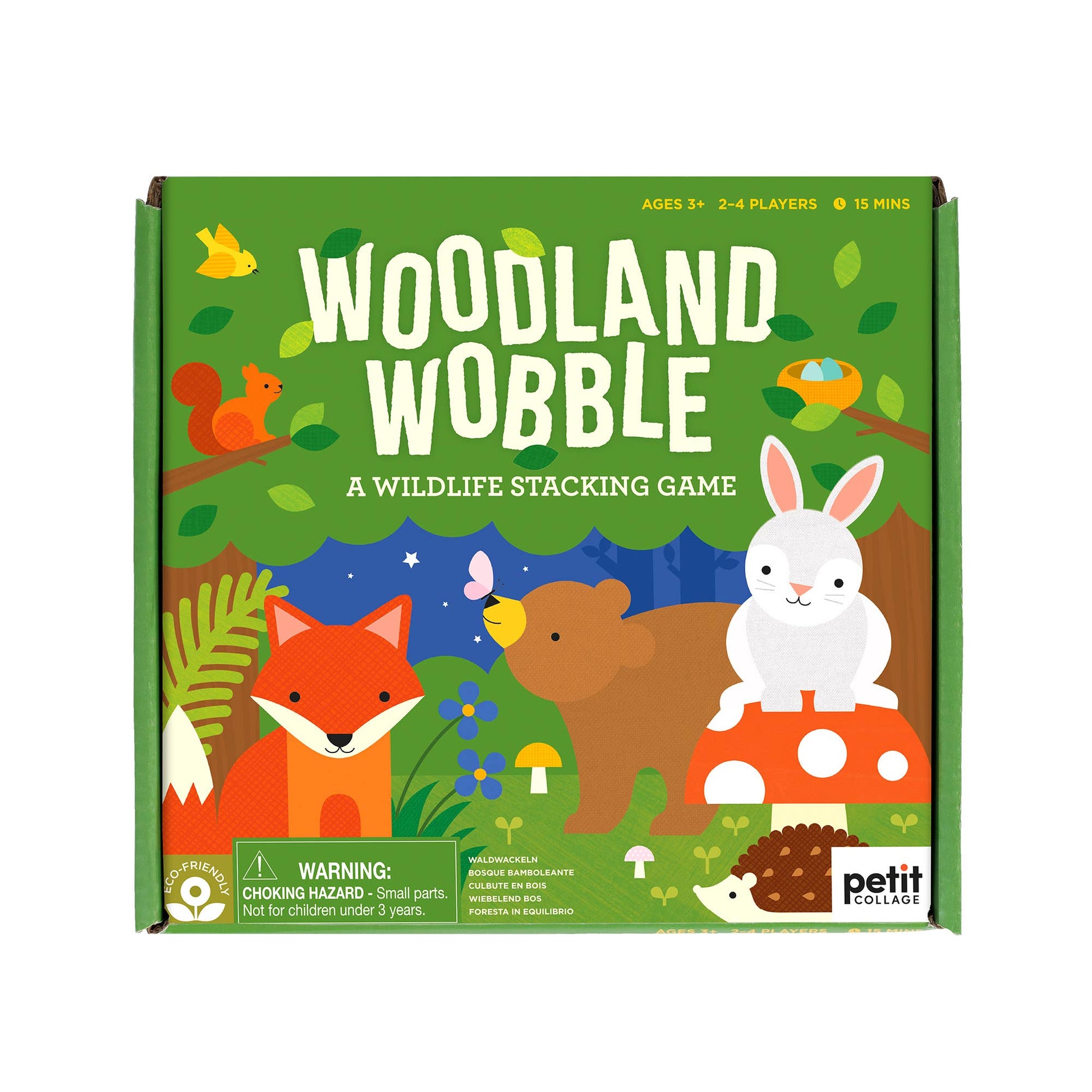 Square game box for Woodland Wobble: A Wildlife Stacking Game with cute forest animals and trees. For ages 3+, 2–4 players. This quick, 15-minute balancing game boosts fine motor skills.