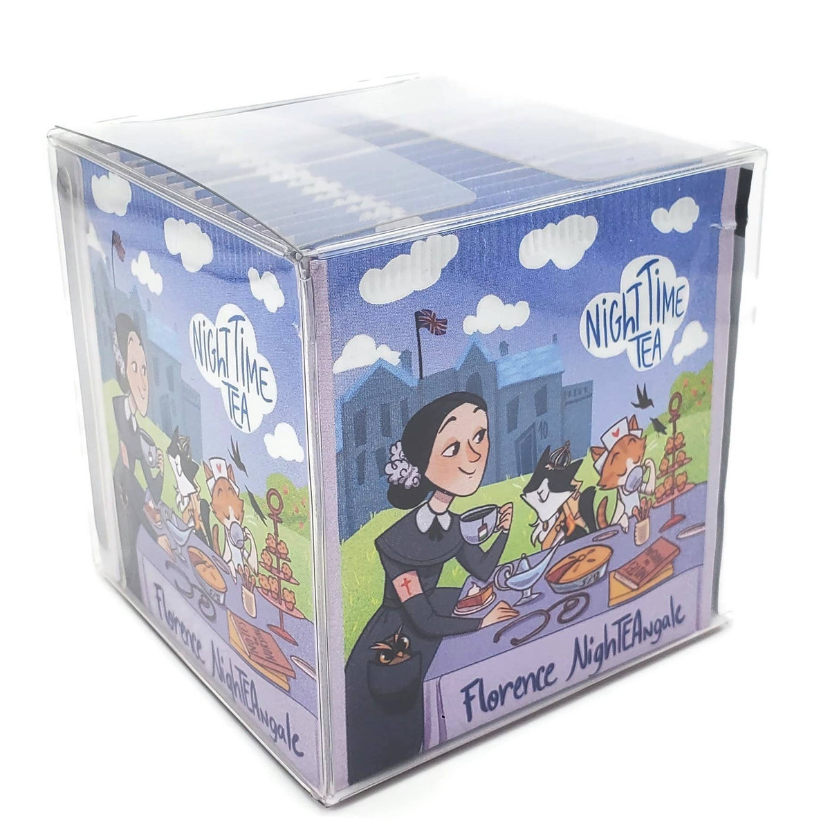 A clear, square box of Florence NightTEAngle: Organic Night Time Tea featuring an illustration of a woman in a nurse’s uniform having tea with cats outside a building under a blue sky.