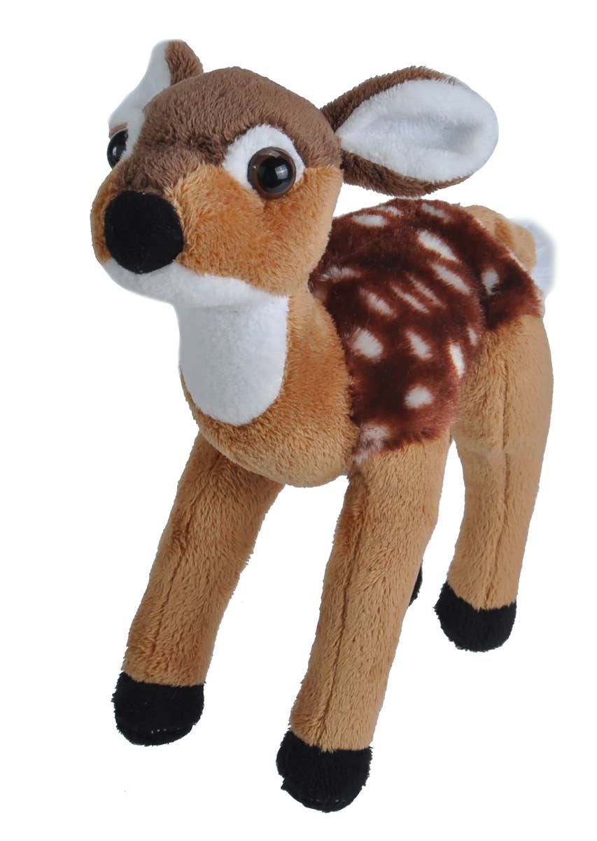 The CK-Mini Fawn Stuffed Animal 8" features soft brown fur, distinctive white spots on its back, expressive large eyes, and black hooves. Standing upright on four legs against a white background, this adorable plush toy is a charming addition to any stuffed animal collection.