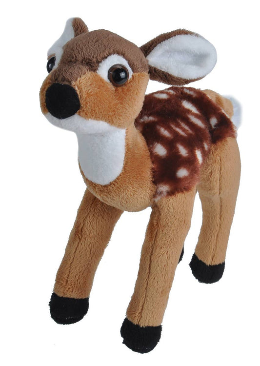 The CK-Mini Fawn Stuffed Animal 8" features soft brown fur, distinctive white spots on its back, expressive large eyes, and black hooves. Standing upright on four legs against a white background, this adorable plush toy is a charming addition to any stuffed animal collection.
