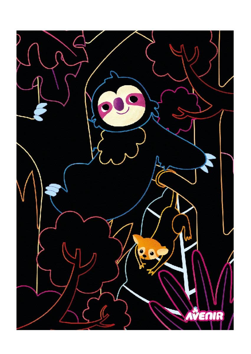 A neon-style sloth and a small animal hang from a branch against a dark forest, capturing the fun of Scratch Art with Stem SLOTHS—a creative kids activity kit. "AVENIR" appears at the bottom right.