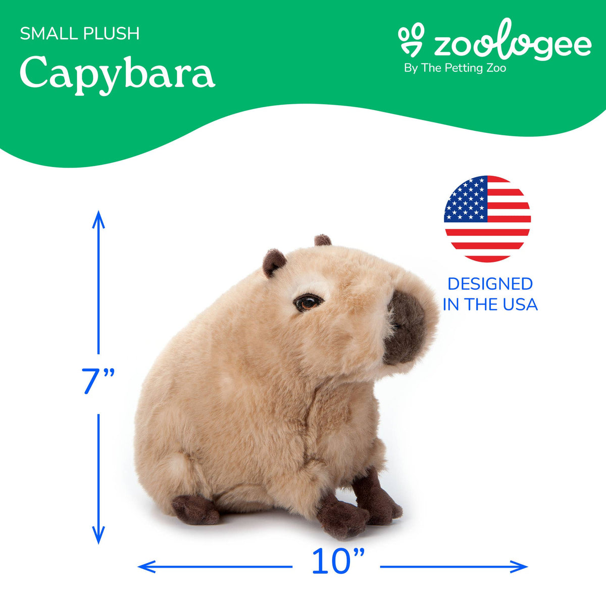 The Earth Keeperz Capybara small 10″ Recycled Plush sits on a white background, measuring 7 inches tall and 10 inches long. This charming capybara stuffed animal features an American flag and the words “Designed in the USA,” showcasing its careful craftsmanship. The brand name zoologee appears at the top. Made from recycled materials, it’s an excellent choice for eco-conscious shoppers.
