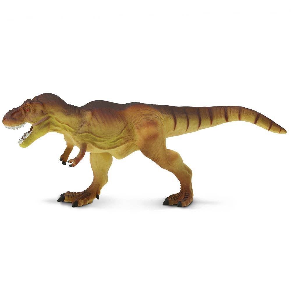 The Tyrannosaurus Rex Kids' Figurine Toy features a realistic design, showcasing a brown T. rex with darker stripes along its back and tail, standing on two legs with its mouth open and its small arms held close to its body.