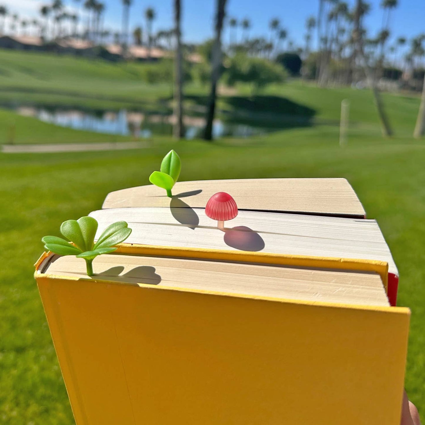 3 books with leaf bookmarks and 1 Magic Sprout mushroom bookmark