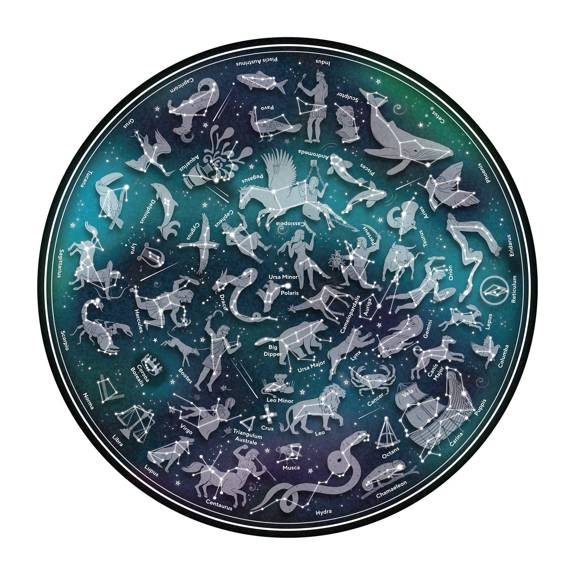 Map of the Stars 1000 Piece Jigsaw Puzzle features illustrated animal and mythological constellations, each labeled against a stunning blue-green night sky—an enchanting challenge designed for adult puzzle fans.