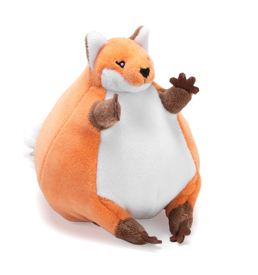 The Flipkins Red Fox 5" is an adorable plush toy shaped like a chubby fox with orange fur, a white belly, brown paws, and a white-tipped tail. It sits upright with raised arms—perfect for all ages.