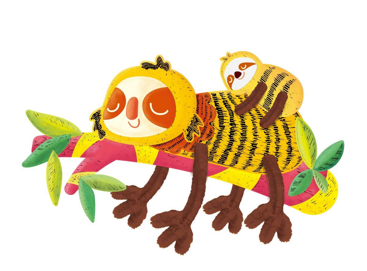 Scratch Art with Stem SLOTHS features a vibrant mother sloth sleeping on a yellow and pink tree branch, her baby resting on her back among lush green leaves—ideal for creative 3D animal crafts or kids’ activity sets.