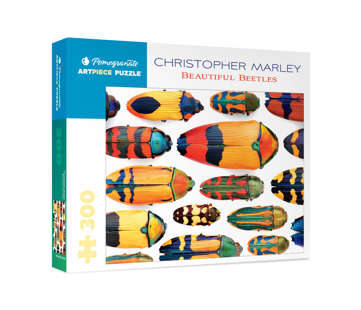 A 300-piece Christopher Marley: Beautiful Beetles 300pc jigsaw puzzle featuring a collection of vibrant, multi-colored beetles arranged on a white background.