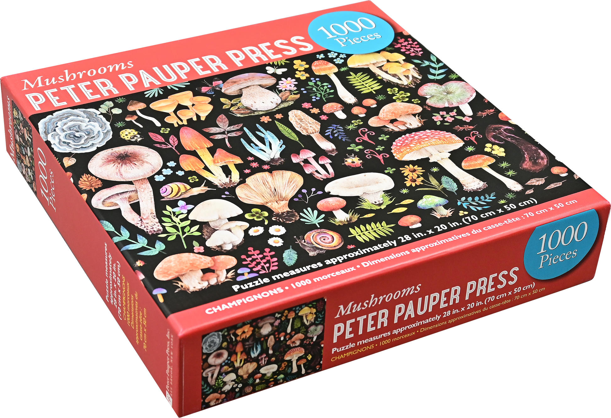 The Mushrooms 1000 Piece Jigsaw Puzzle features colorful illustrations of mushrooms and fungi on a black background, created by Peter Pauper Press.