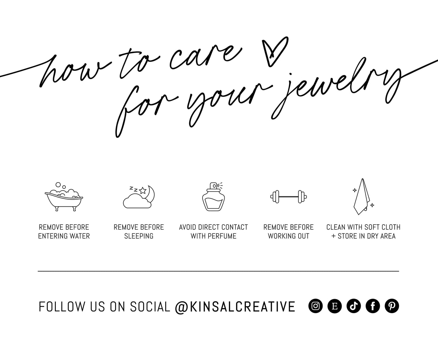 Handwritten text shares care tips for your Sunflower Wood Stud Earrings above five icons: remove before water, before sleeping, avoid perfume, remove before workouts, clean with soft cloth and store dry. Social media info is below.