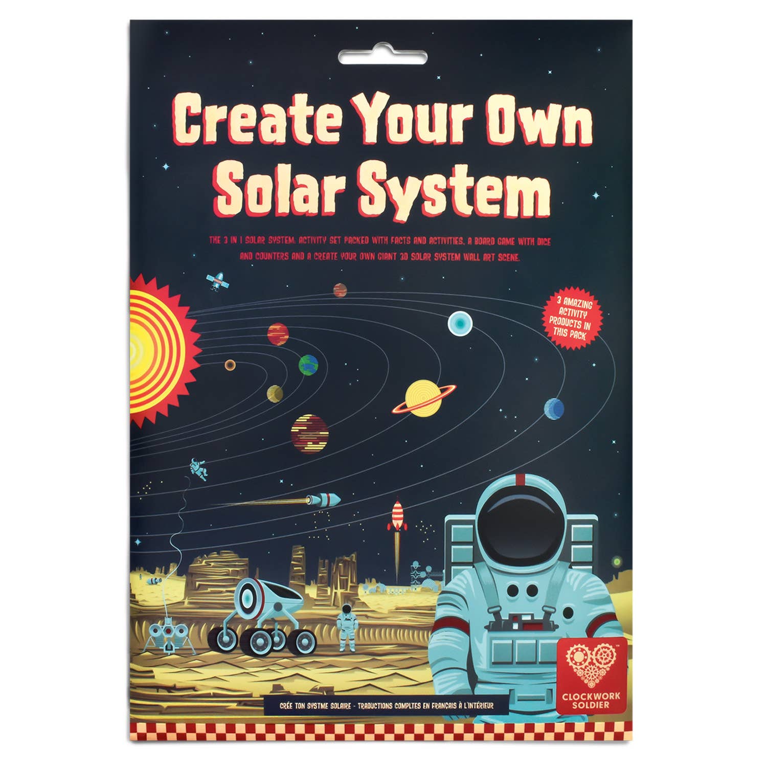 The “Create Your Own Solar System” activity kit features a vibrant cover with cartoon astronauts, planets, rockets, the sun, a space background, illustrated 3D solar system instructions, and the Clockwork Soldier logo.