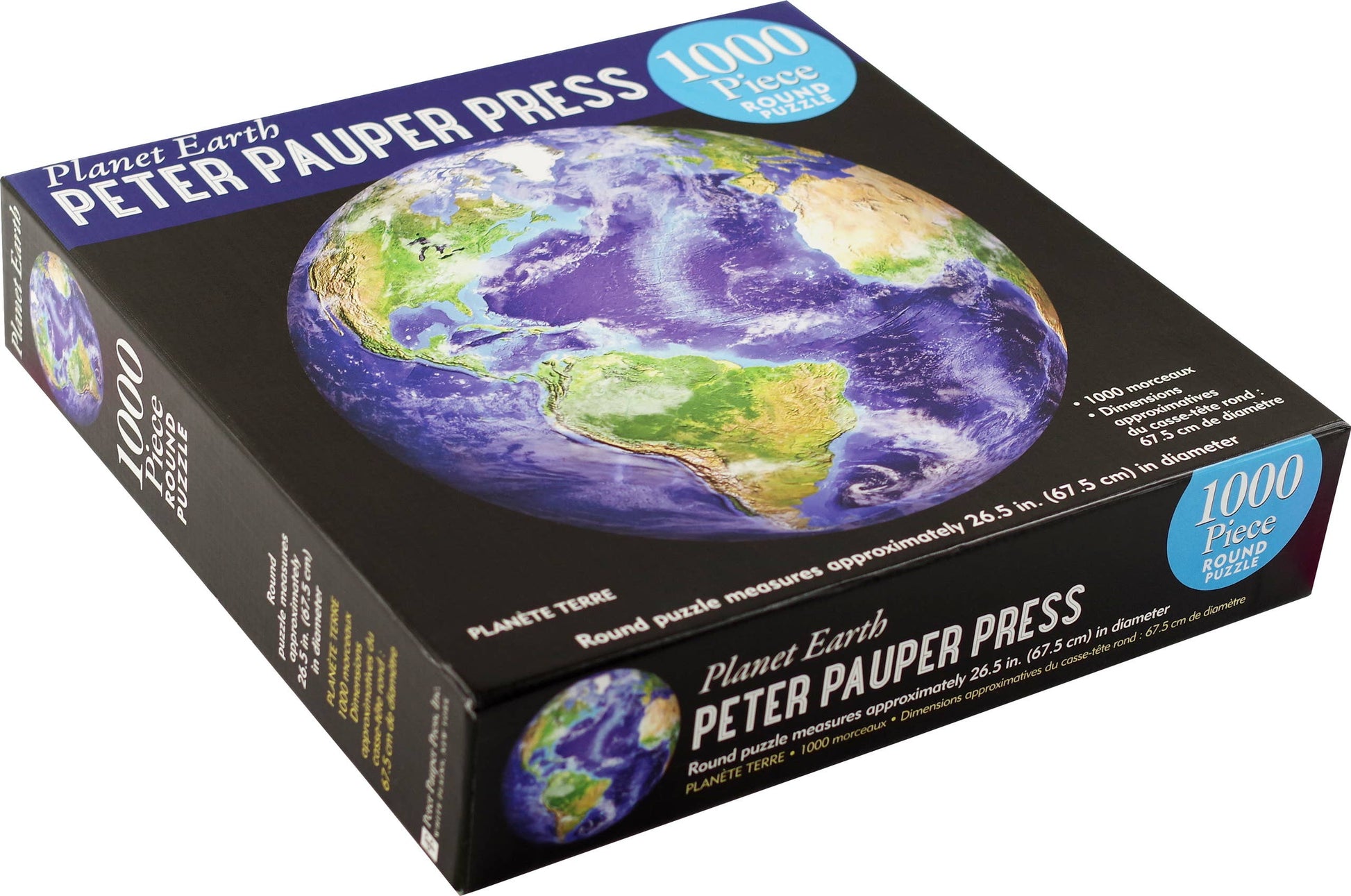 The Planet Earth 1000 Piece Round Jigsaw Puzzle features a striking space view of Earth and measures about 26.5 inches across when finished. Made by Peter Pauper Press, it comes in a black box with blue and white text.