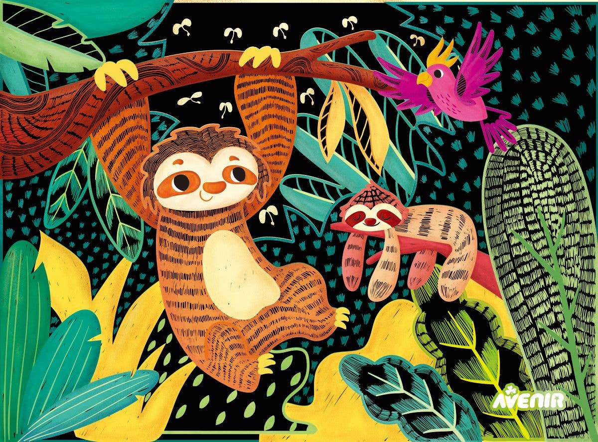 A vibrant illustration from Scratch Art with Stem SLOTHS shows two sloths in a jungle—one hanging from a branch, the other resting below—amid bright leaves and a purple bird, with "Avenir" in the corner. Perfect for kids’ activity sets.