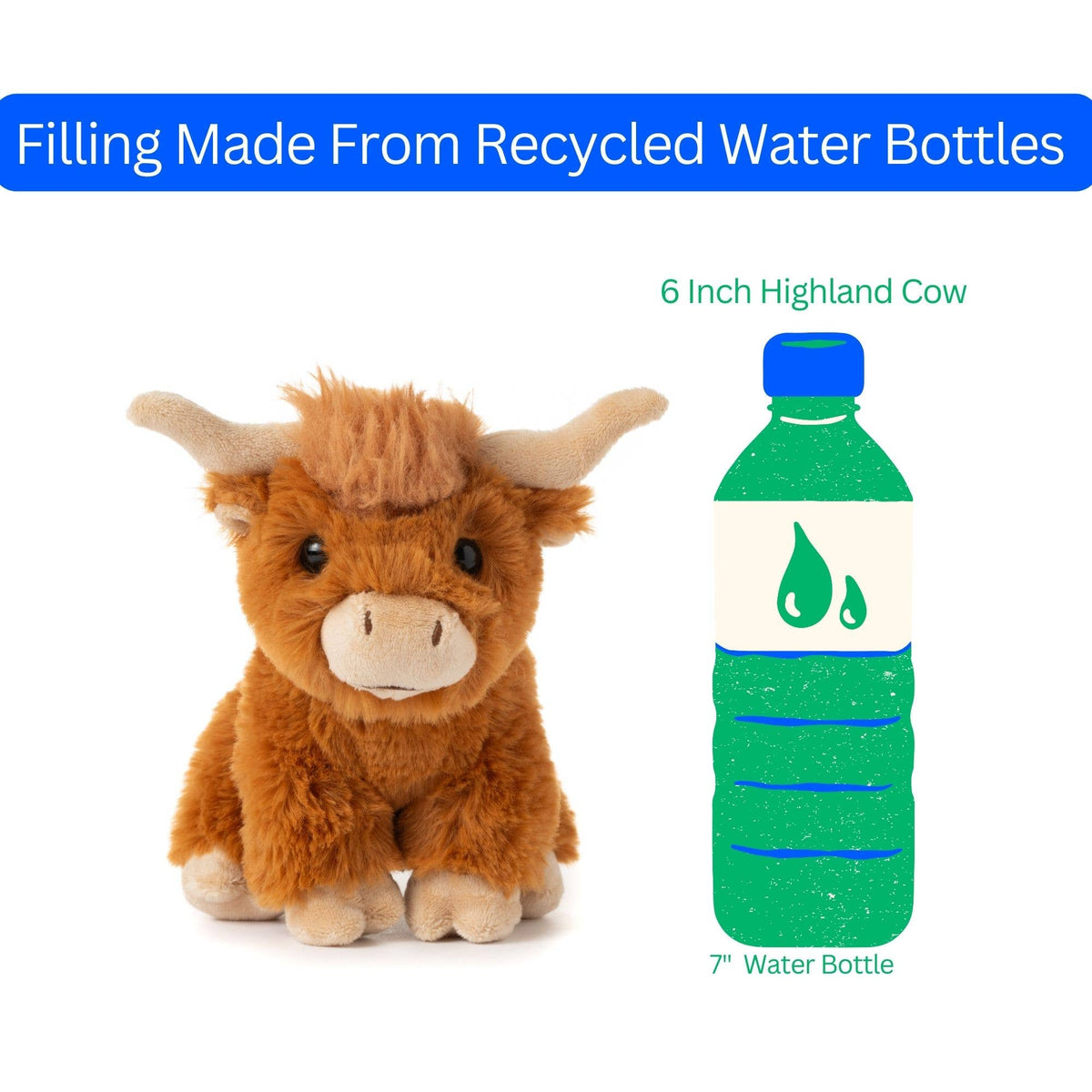 A Wild Onez Highland Cow 6″ (15cm) plush stuffed animal sits next to a drawing of a 7-inch green water bottle. Text above reads: Filling Made From Recycled Water Bottles. This adorable sensory toy is perfect for farmhouse nursery decor.