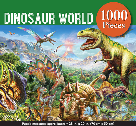 Colorful illustration of dinosaurs in a prehistoric landscape with volcanoes and greenery. The Dinosaur World Jigsaw Puzzle contains 1000 pieces and measures about 28 x 20 inches (70 x 50 cm).