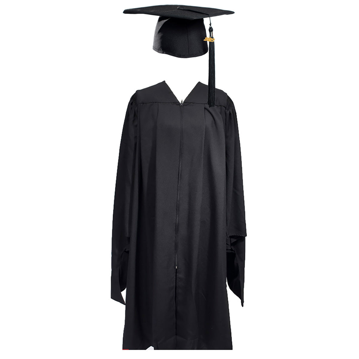 Masters Regalia Rental: Black gown and matching mortarboard cap with gold tassel, shown on a white background. Perfect for Bethany Seminary rentals. Gown and cap are displayed without a person.
