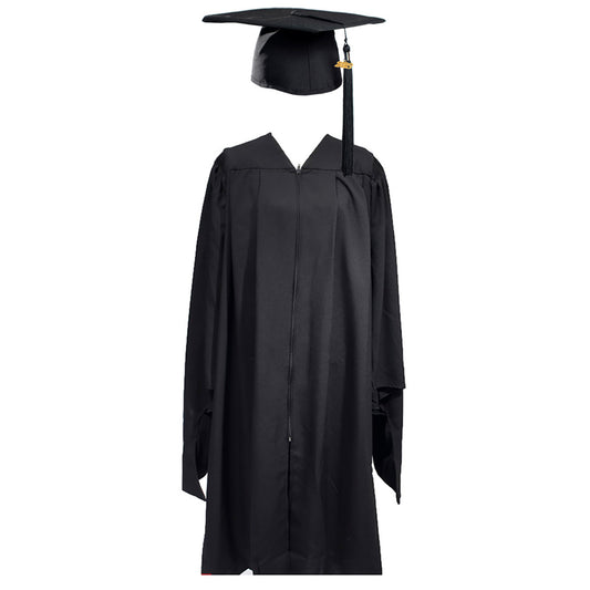 Masters Regalia Rental: Black gown and matching mortarboard cap with gold tassel, shown on a white background. Perfect for Bethany Seminary rentals. Gown and cap are displayed without a person.