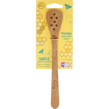 The TALISMAN DESIGNS Honey Bee Honey Spreader and Dipper, crafted from solid beechwood with slots for easy drizzling, is shown in front of yellow packaging decorated with honeycomb patterns and bee graphics.