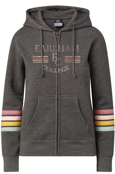 Striped Full Zip Hoodie featuring a gray design with Earlham College printed on the chest and pastel yellow, pink, green, and white stripes on both sleeves. Includes a hood with drawstrings and front pockets.