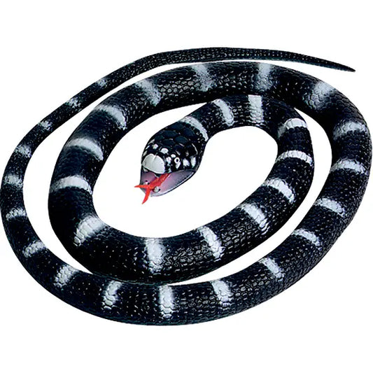 A Califonia King Snake (rubber) is coiled in a circle, its head raised and red tongue sticking out. This toy features shiny, textured scales that make it look strikingly realistic.