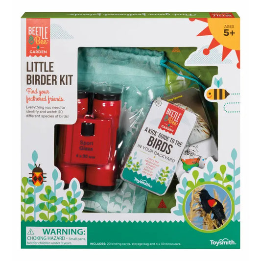 The Little Birder Kit for ages 5+ includes red toy binoculars, a bird guidebook, and birding cards in a box with colorful nature graphics. Warning: Contains small parts; choking hazard.