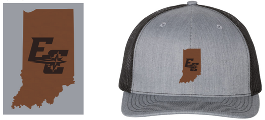 The Mesh Indiana Patch Cap showcases a brown Indiana silhouette with a black EC logo and star on the front panel—a stylish leather patch hat perfect for Hoosiers and EC fans seeking classic style with unique detail.