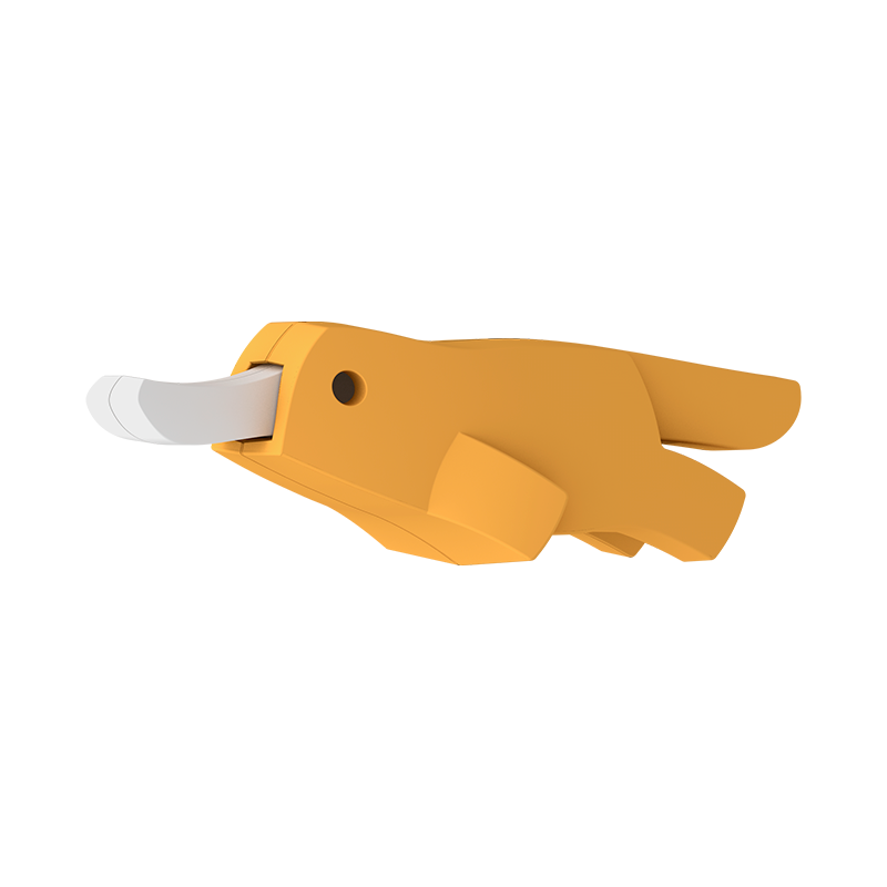 A yellow, cartoon-style PLATYPUS toy whistle with a white mouthpiece is shaped like an animal and shown from the side against a plain white background.