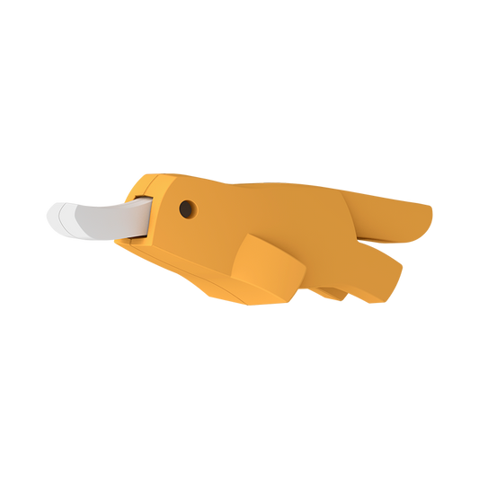 A yellow, cartoon-style PLATYPUS toy whistle with a white mouthpiece is shaped like an animal and shown from the side against a plain white background.