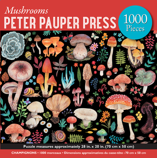 The Mushrooms 1000 Piece Jigsaw Puzzle box displays vibrant illustrated mushrooms and plants on a black background, with the title and "Peter Pauper Press" at the top and puzzle size details at the bottom.