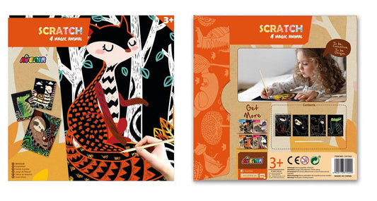 Front and back covers of the Scratch Art 4 MAGIC ANIMALS kit. The front displays a hand scratching a rainbow fox; the back shows a child using the 3D animal craft kit and highlights its age recommendation (3+).