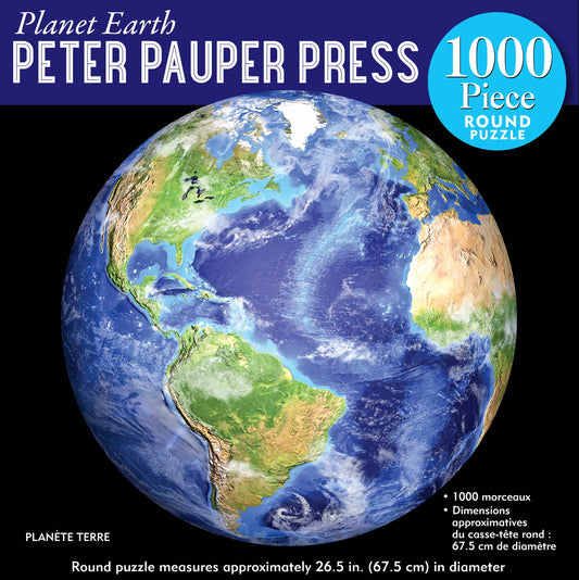 Box cover for the Planet Earth 1000 Piece Round Jigsaw Puzzle, showing a detailed space image of Earth with North and South America; size and features described in English and French.