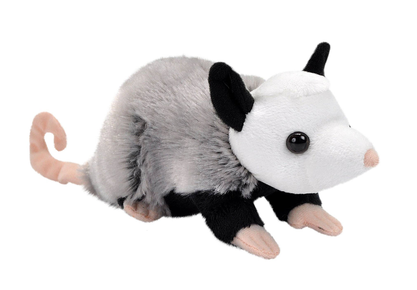 The Pocketkins-Eco Opossum 5" by Wild Republic is an eco-friendly plush with a gray and white body, black legs and ears, a light pink nose, and a curled pink tail, pictured against a white background.