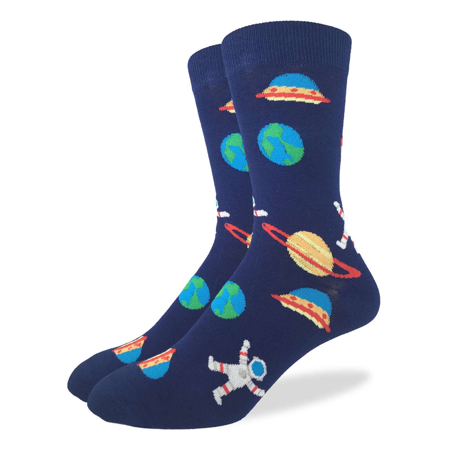 Men's Space Socks feature a navy blue base with colorful planets, Earth, UFOs, and astronauts in white suits. The playful space-themed design is perfect for fans of vibrant style and adventure.