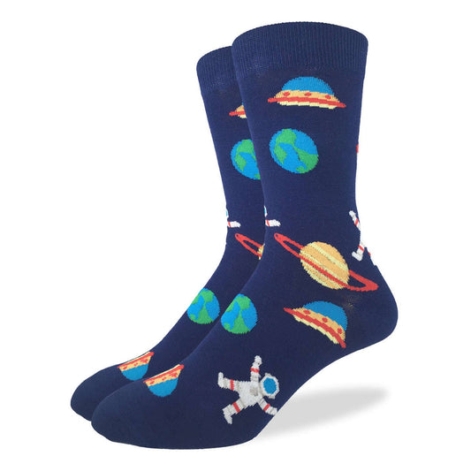 Men's Space Socks feature a navy blue base with colorful planets, Earth, UFOs, and astronauts in white suits. The playful space-themed design is perfect for fans of vibrant style and adventure.
