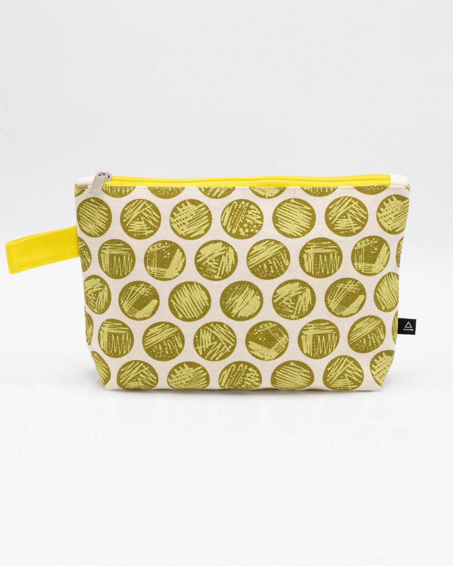 The Petri Dish Streaking Pencil Bag is a cream-colored zip bag with a yellow zipper and handle, featuring green circular patterns—a fun microbiology-themed gift for science lovers.