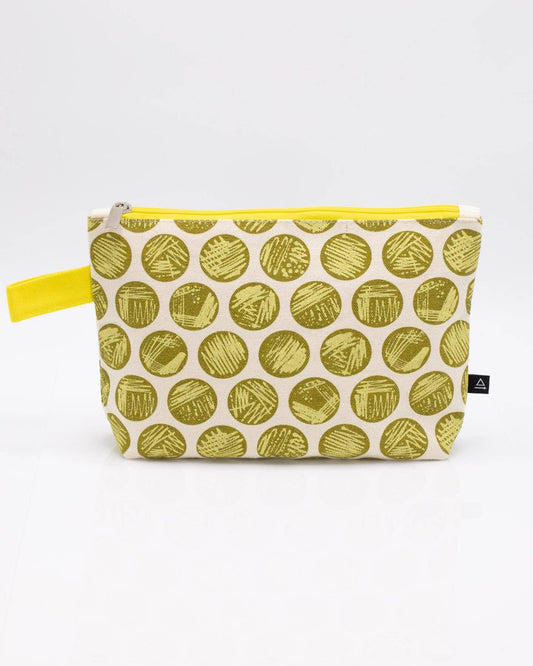 The Petri Dish Streaking Pencil Bag is a cream-colored zip bag with a yellow zipper and handle, featuring green circular patterns—a fun microbiology-themed gift for science lovers.