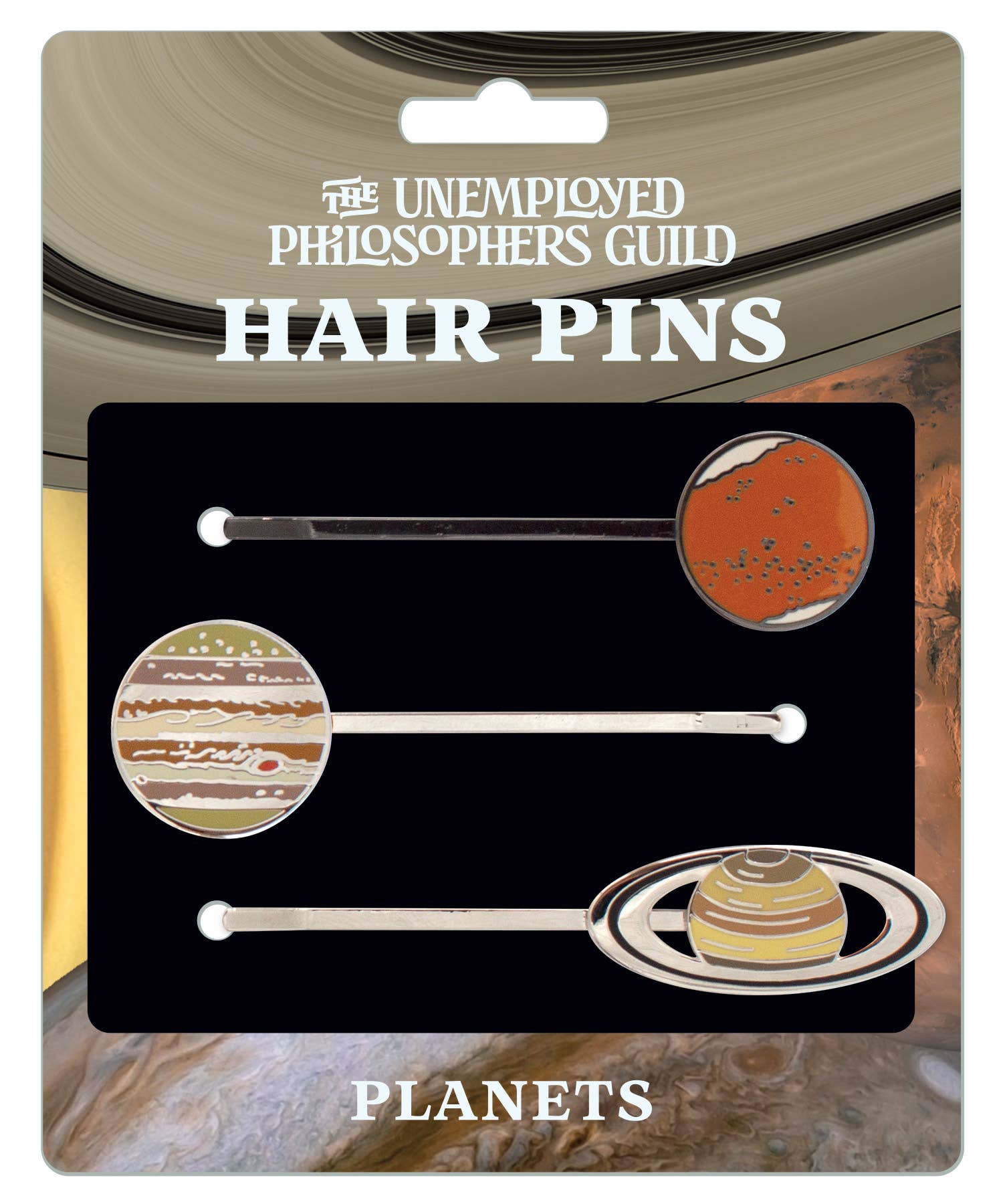 A card labeled Planet Hair Pins displays three astronomy-themed hair pins featuring Jupiter, Mars, and Saturn against a planetary background.